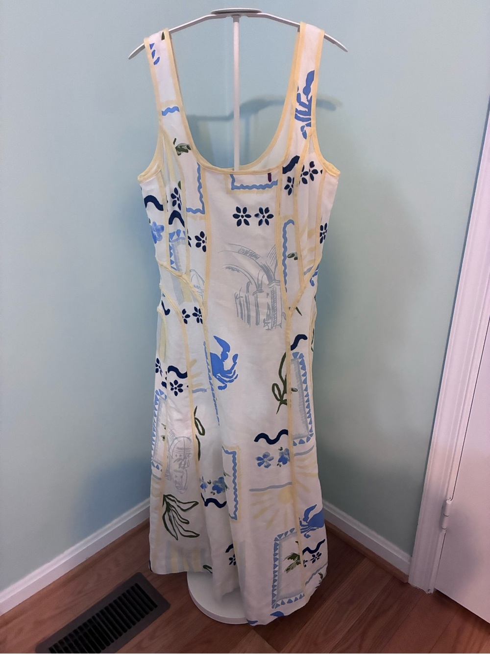 Caroline Constas Cream Maxi Dress with Blue & Yellow Print